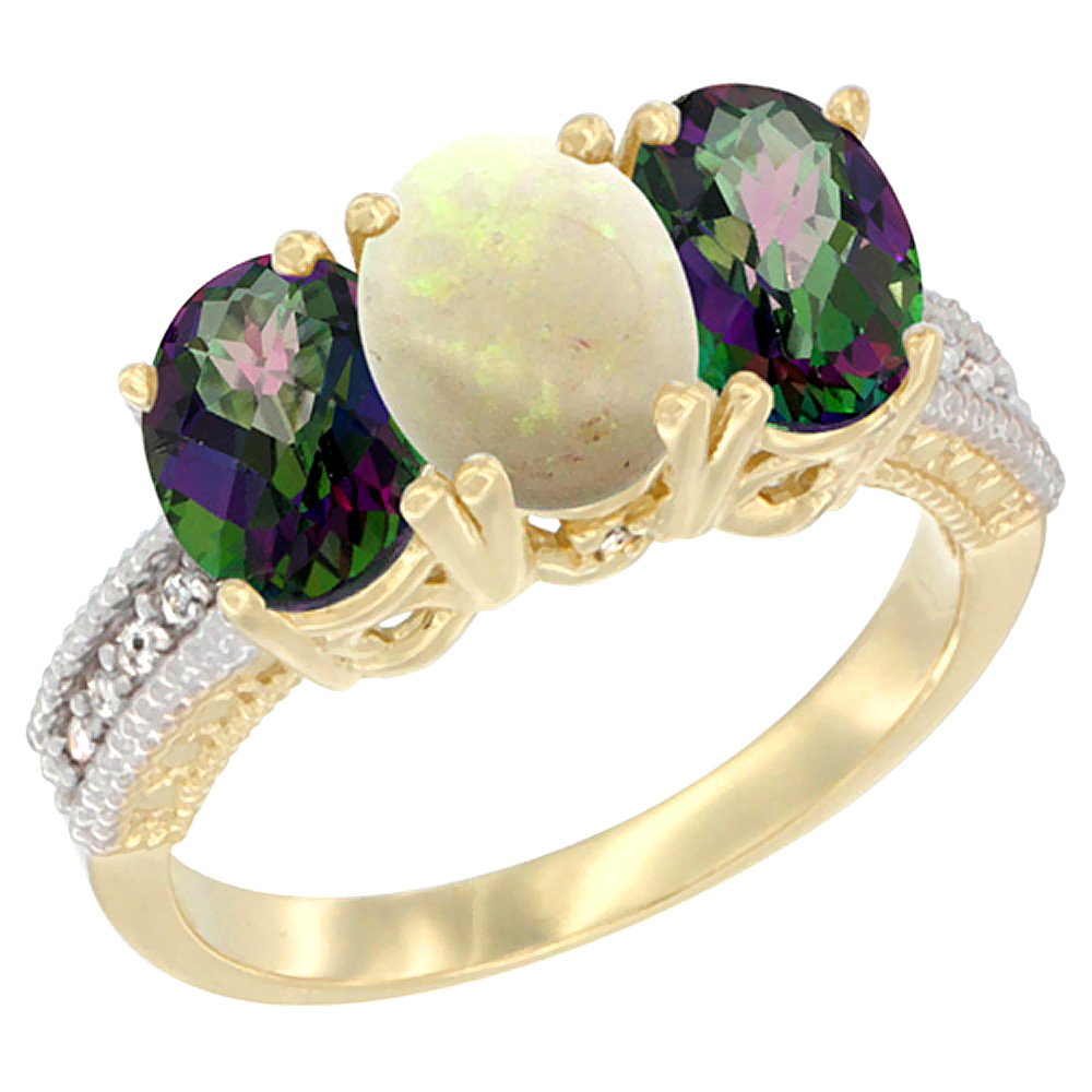 14K Yellow Gold Natural Opal &amp; Mystic Topaz Sides Ring 3-Stone 7x5 mm Oval Diamond Accent, sizes 5 - 10