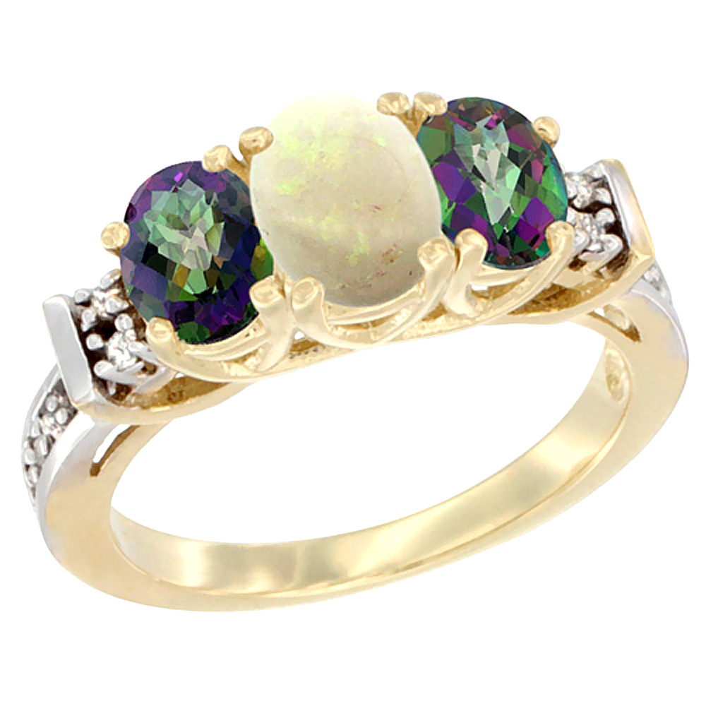 14K Yellow Gold Natural Opal & Mystic Topaz Ring 3-Stone Oval Diamond Accent