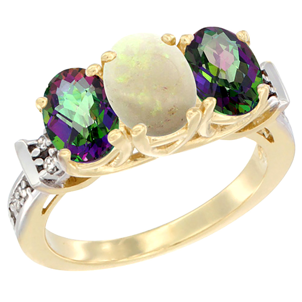 10K Yellow Gold Natural Opal &amp; Mystic Topaz Sides Ring 3-Stone Oval Diamond Accent, sizes 5 - 10