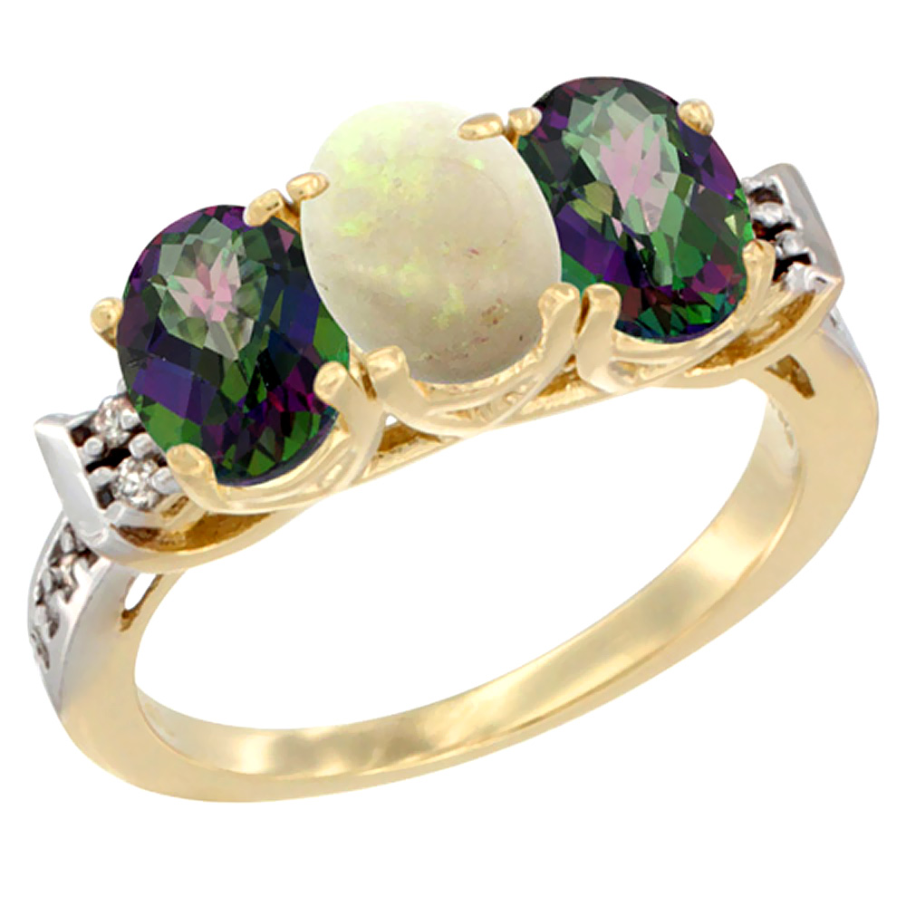 10K Yellow Gold Natural Opal &amp; Mystic Topaz Sides Ring 3-Stone Oval 7x5 mm Diamond Accent, sizes 5 - 10