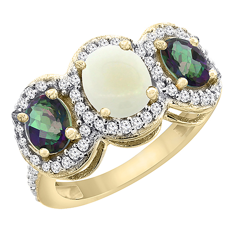14K Yellow Gold Natural Opal & Mystic Topaz 3-Stone Ring Oval Diamond Accent, sizes 5 - 10
