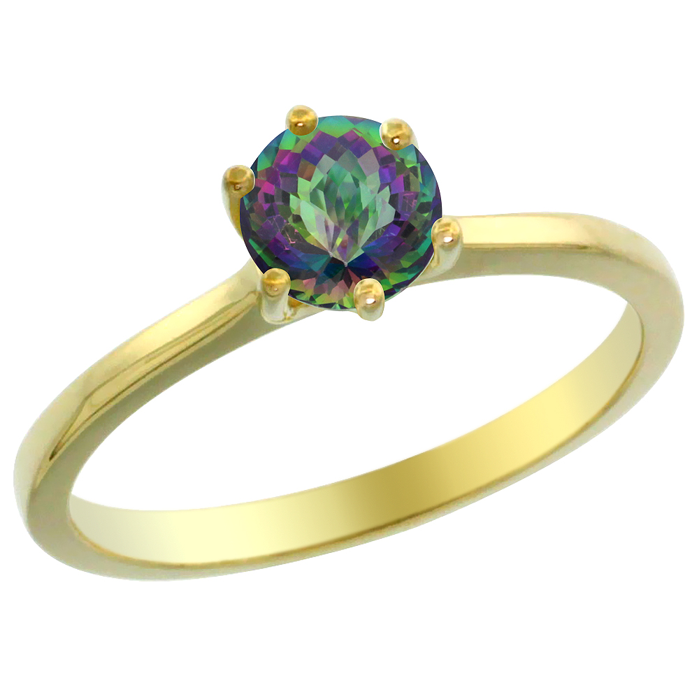 14K Yellow Gold Natural Mystic Topaz Solitaire Ring Round 6mm, sizes 5 - 10