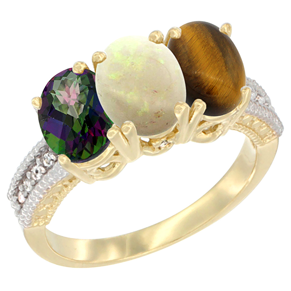 10K Yellow Gold Diamond Natural Mystic Topaz, Opal & Tiger Eye Ring 3-Stone 7x5 mm Oval, sizes 5 - 10
