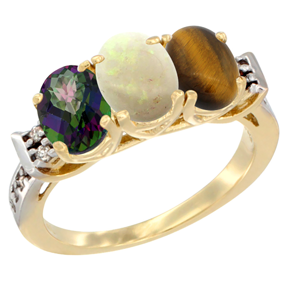 14K Yellow Gold Natural Mystic Topaz, Opal &amp; Tiger Eye Ring 3-Stone 7x5 mm Oval Diamond Accent, sizes 5 - 10