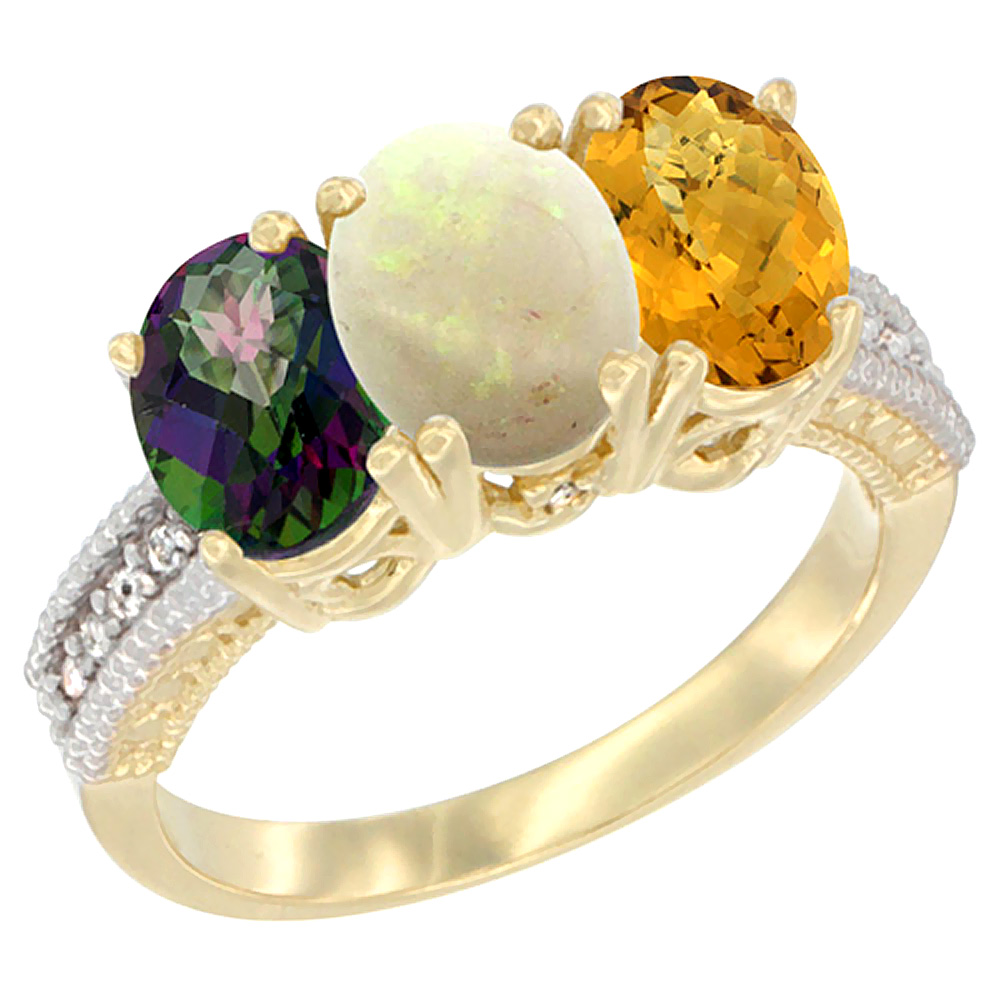 10K Yellow Gold Diamond Natural Mystic Topaz, Opal & Whisky Quartz Ring 3-Stone 7x5 mm Oval, sizes 5 - 10