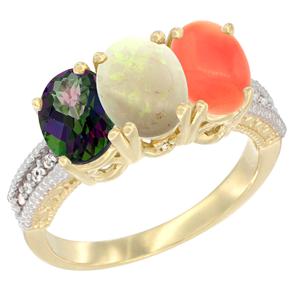 10K Yellow Gold Diamond Natural Mystic Topaz, Opal &amp; Coral Ring 3-Stone 7x5 mm Oval, sizes 5 - 10