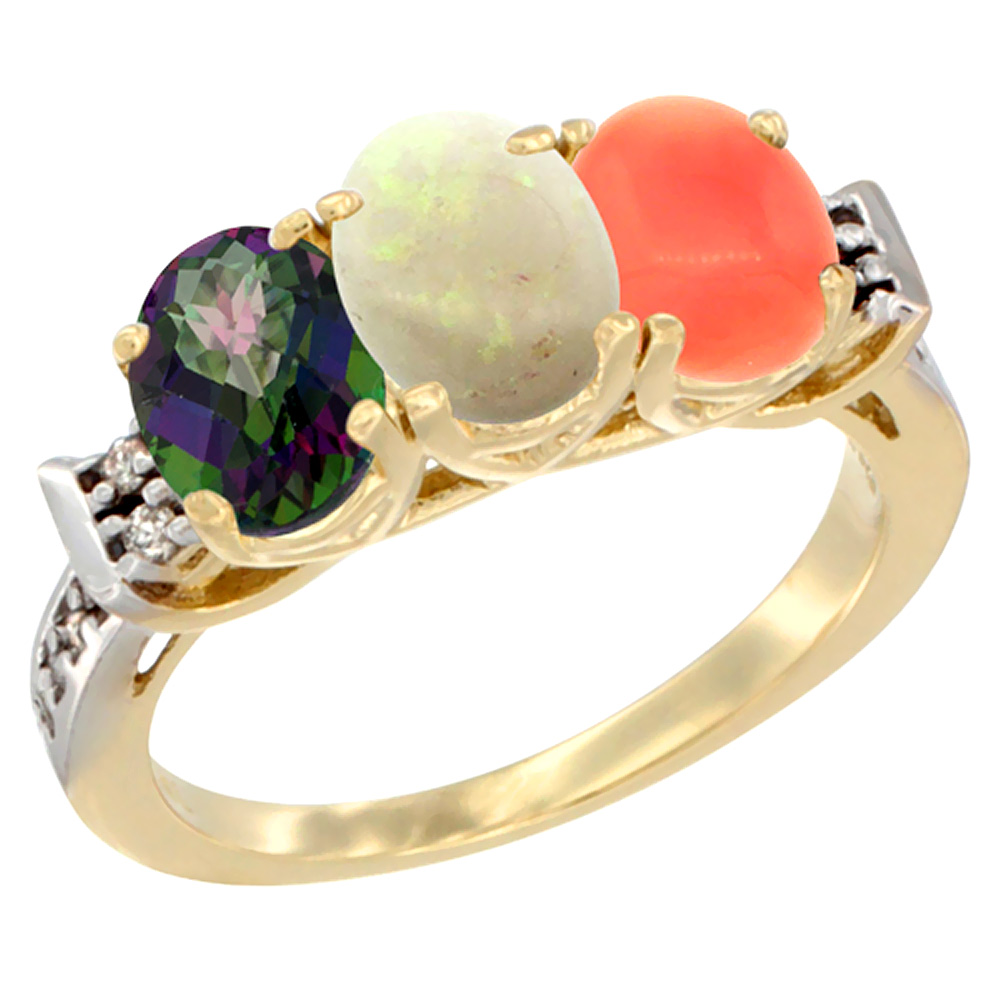 10K Yellow Gold Natural Mystic Topaz, Opal & Coral Ring 3-Stone Oval 7x5 mm Diamond Accent, sizes 5 - 10