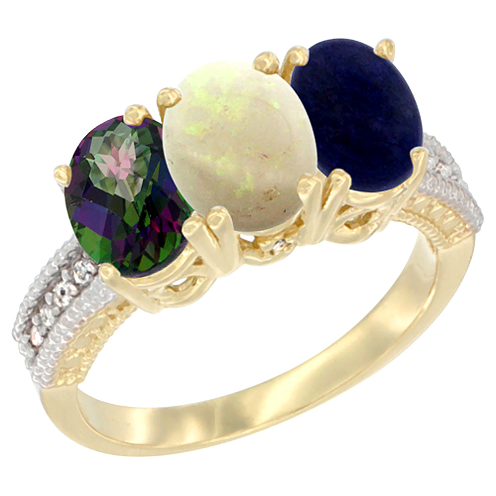 14K Yellow Gold Natural Mystic Topaz, Opal & Lapis Ring 3-Stone 7x5 mm Oval Diamond Accent, sizes 5 - 10