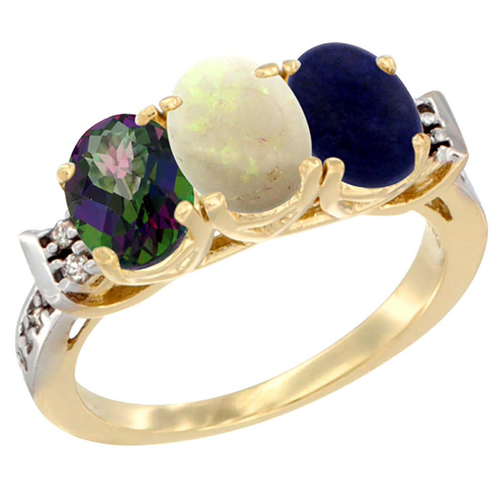 10K Yellow Gold Natural Mystic Topaz, Opal & Lapis Ring 3-Stone Oval 7x5 mm Diamond Accent, sizes 5 - 10