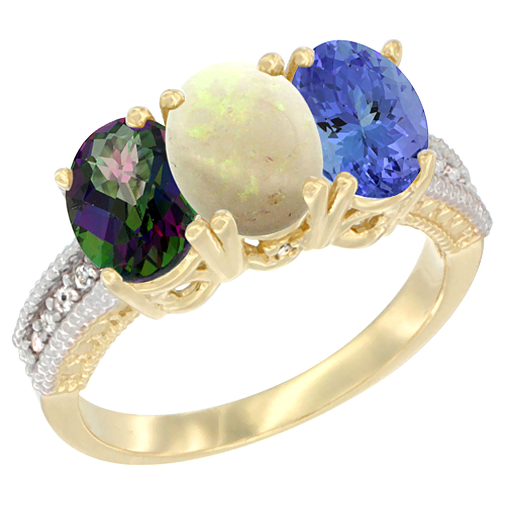 14K Yellow Gold Natural Mystic Topaz, Opal &amp; Tanzanite Ring 3-Stone 7x5 mm Oval Diamond Accent, sizes 5 - 10