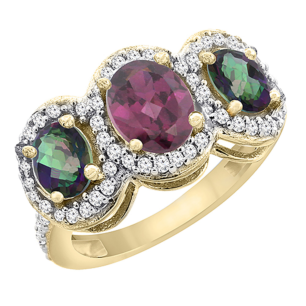 10K Yellow Gold Natural Rhodolite & Mystic Topaz 3-Stone Ring Oval Diamond Accent, sizes 5 - 10
