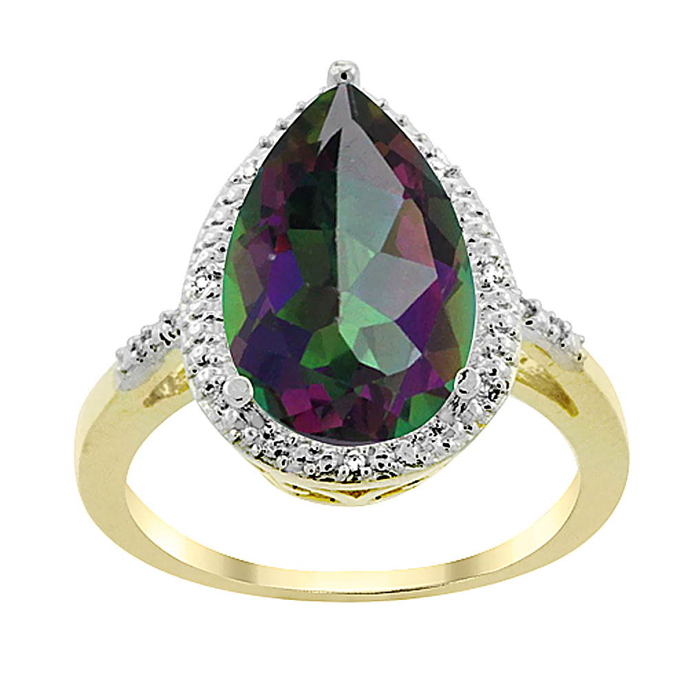 10K Yellow Gold Natural Mystic Topaz Ring Pear Shape 10x15 mm Diamond Accent, sizes 5 - 10