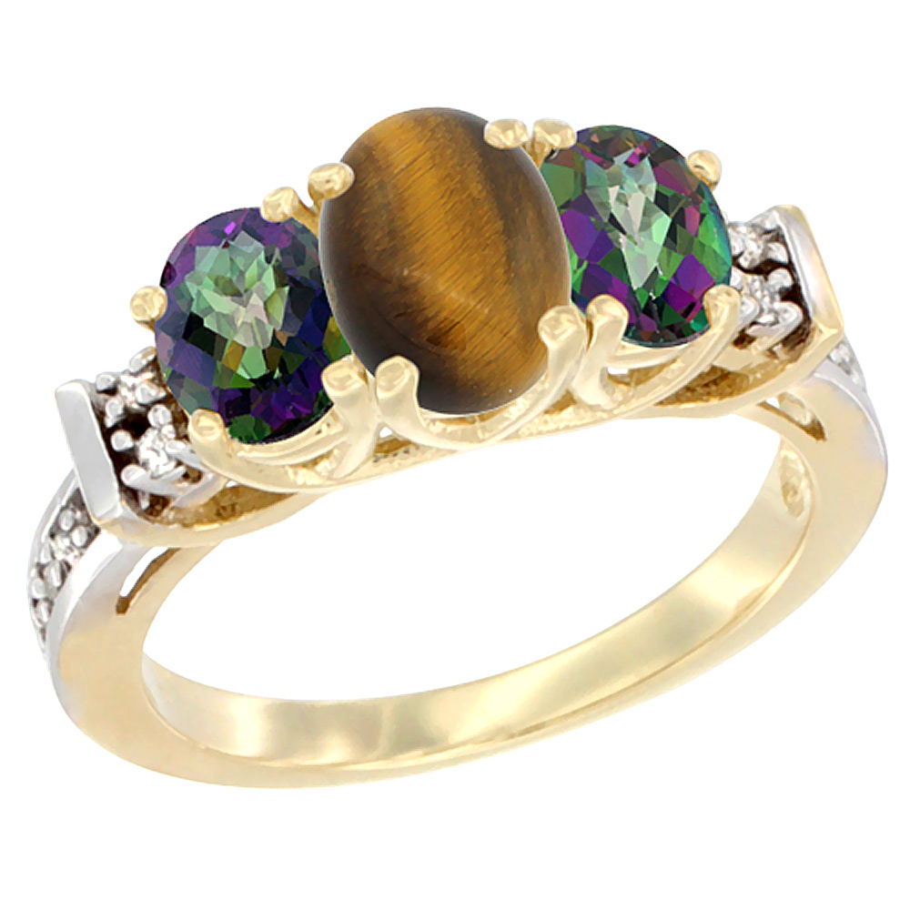 14K Yellow Gold Natural Tiger Eye &amp; Mystic Topaz Ring 3-Stone Oval Diamond Accent