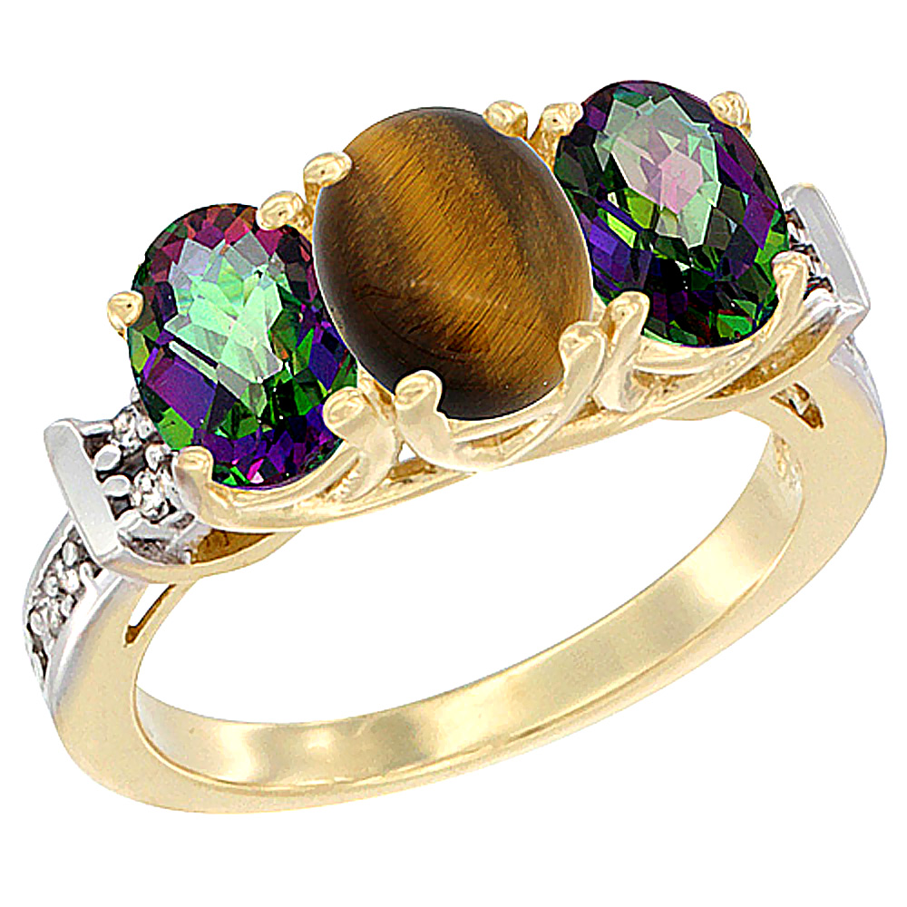 10K Yellow Gold Natural Tiger Eye & Mystic Topaz Sides Ring 3-Stone Oval Diamond Accent, sizes 5 - 10