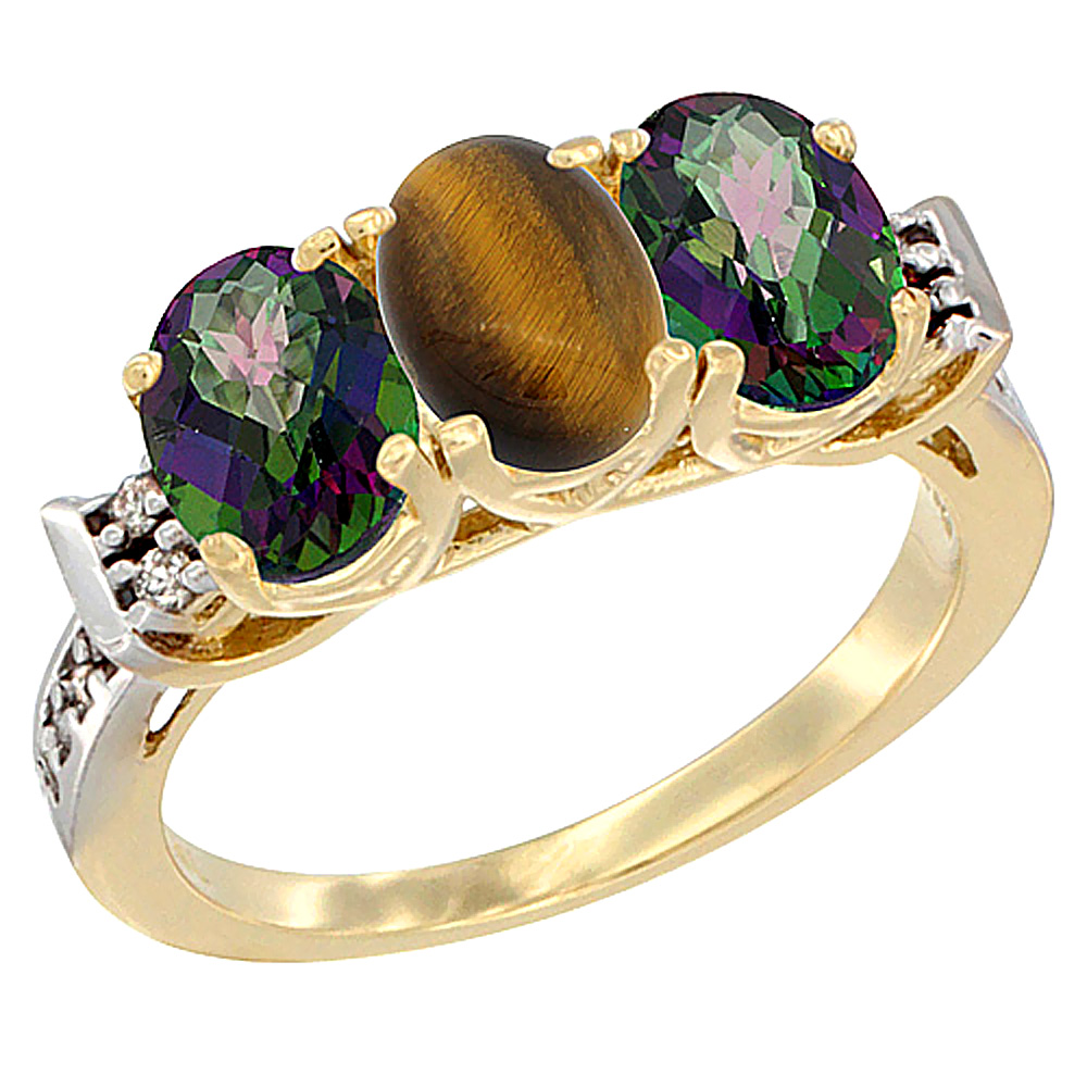 14K Yellow Gold Natural Tiger Eye & Mystic Topaz Sides Ring 3-Stone 7x5 mm Oval Diamond Accent, sizes 5 - 10