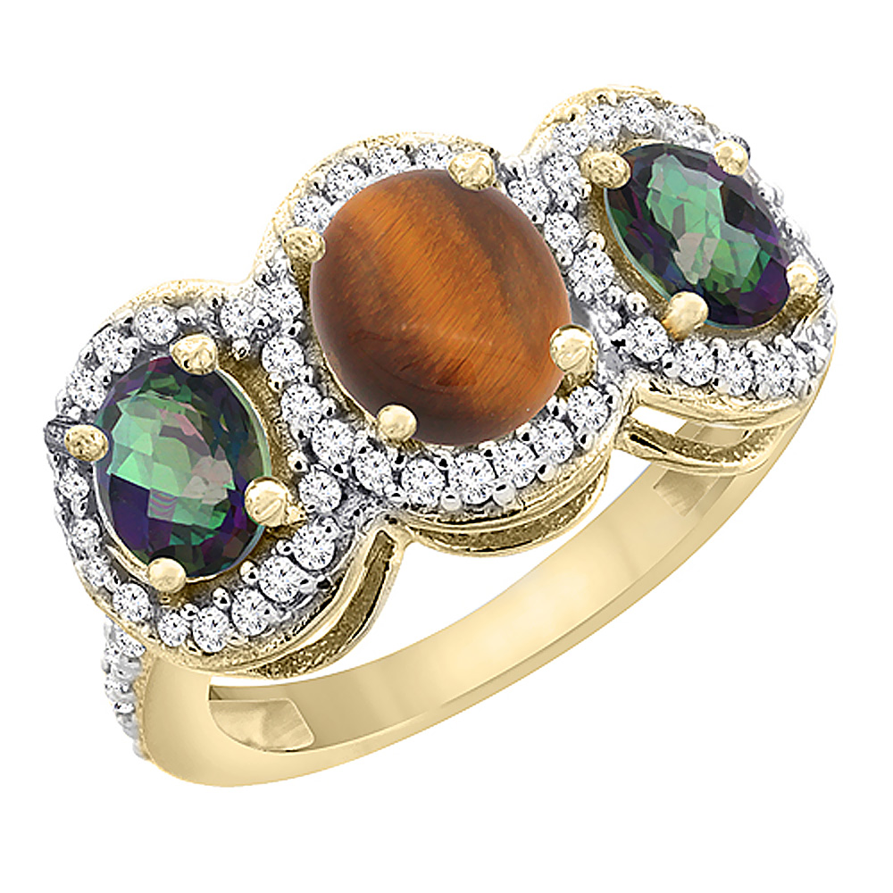 14K Yellow Gold Natural Tiger Eye & Mystic Topaz 3-Stone Ring Oval Diamond Accent, sizes 5 - 10