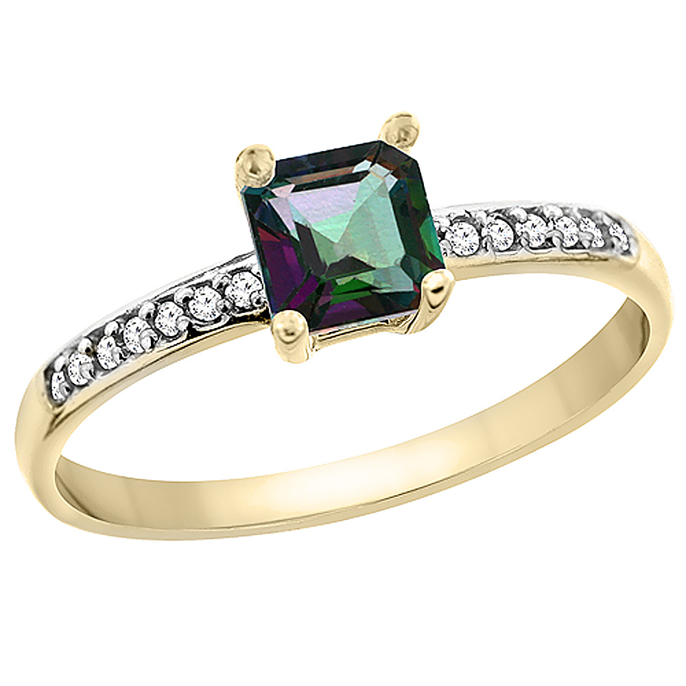 14K Yellow Gold Natural Mystic Topaz Ring Octagon 7x5 mm Diamond Accents