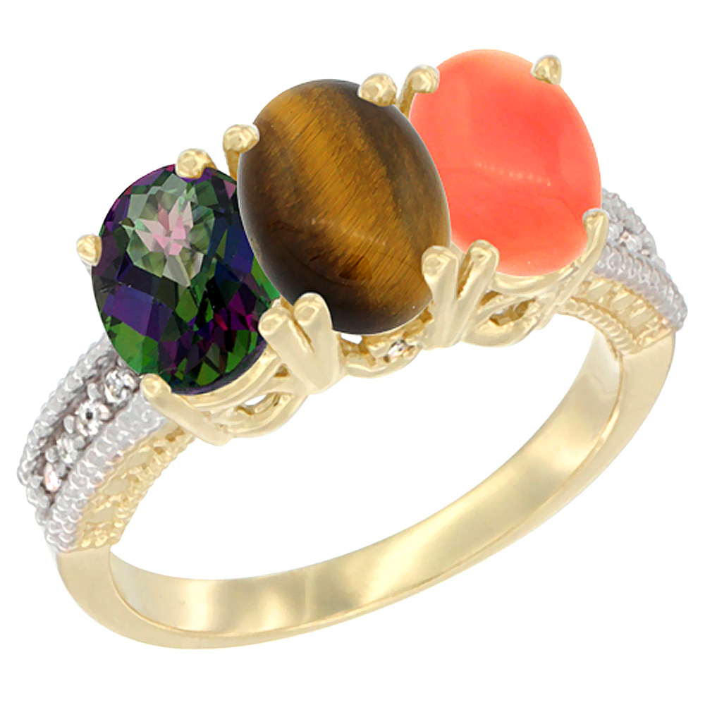 14K Yellow Gold Natural Mystic Topaz, Tiger Eye &amp; Coral Ring 3-Stone 7x5 mm Oval Diamond Accent, sizes 5 - 10