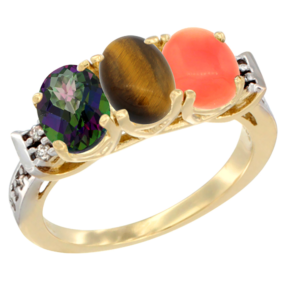 10K Yellow Gold Natural Mystic Topaz, Tiger Eye &amp; Coral Ring 3-Stone Oval 7x5 mm Diamond Accent, sizes 5 - 10