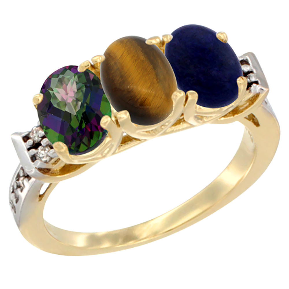 10K Yellow Gold Natural Mystic Topaz, Tiger Eye & Lapis Ring 3-Stone Oval 7x5 mm Diamond Accent, sizes 5 - 10