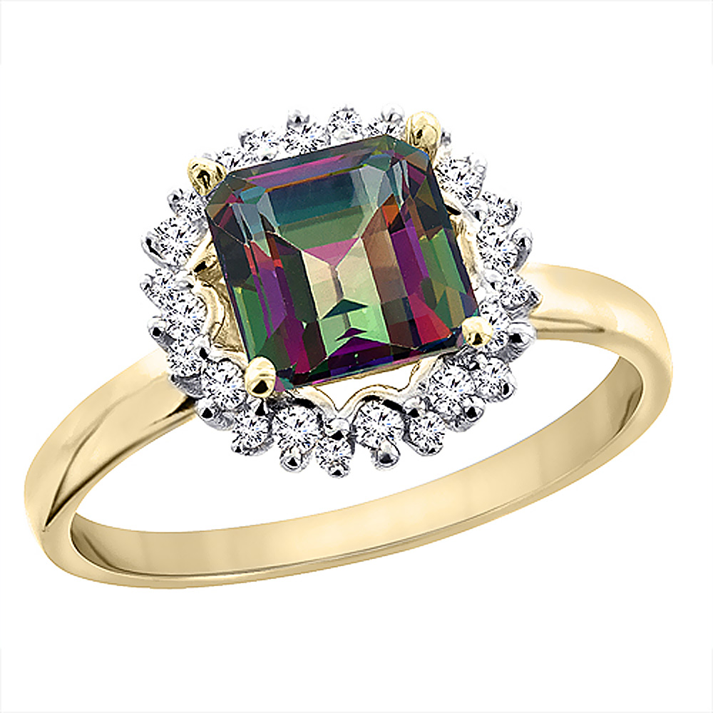 14K Yellow Gold Natural Mystic Topaz Ring Square 6x6 mm Diamond Accents, sizes 5 - 10