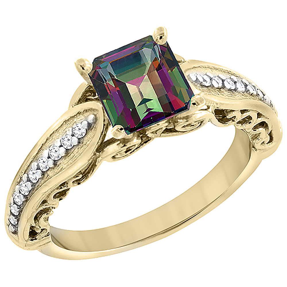 14K Yellow Gold Natural Mystic Topaz Ring Square 8x8mm with Diamond Accents, sizes 5 - 10