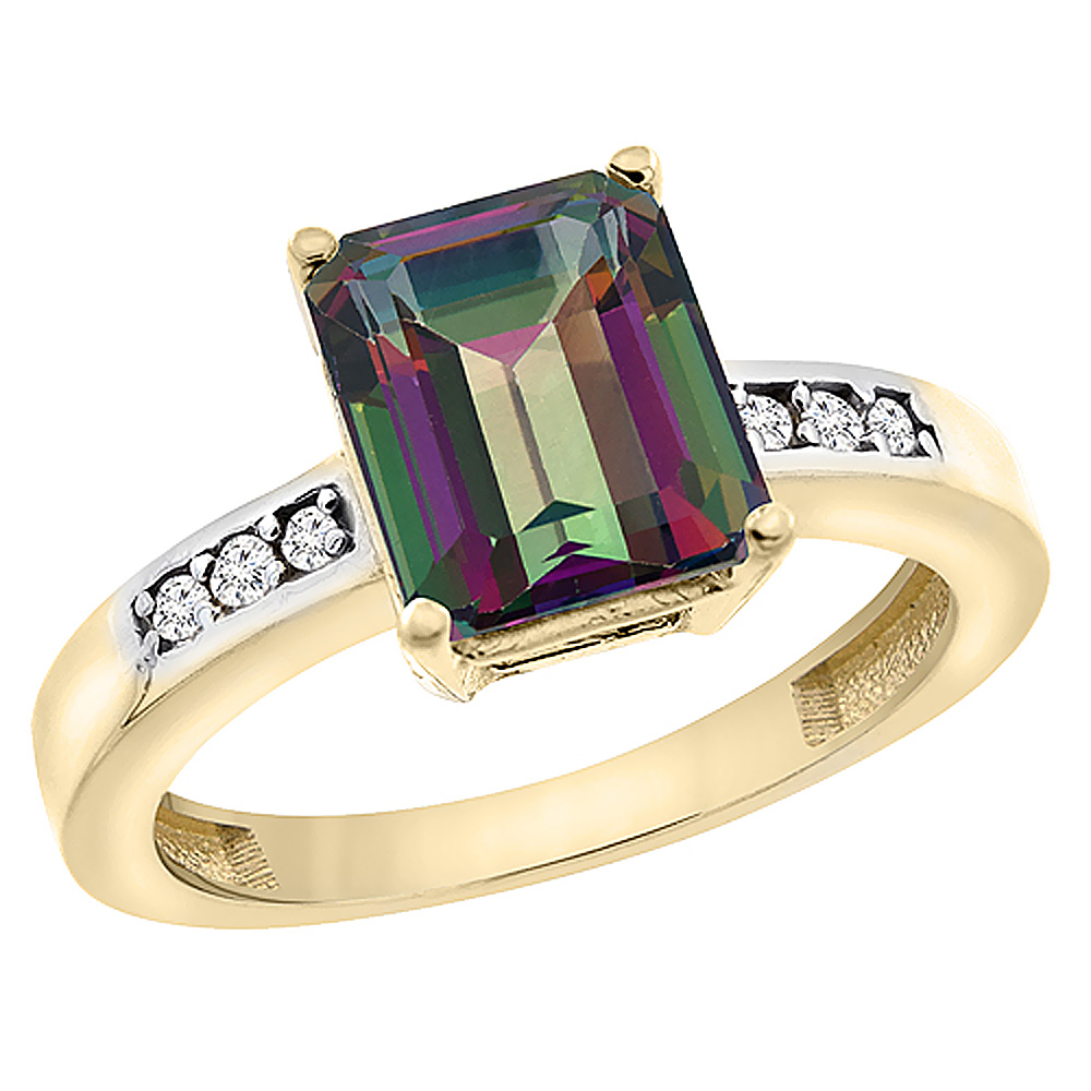 14K Yellow Gold Natural Mystic Topaz Octagon 9x7 mm with Diamond Accents, sizes 5 - 10