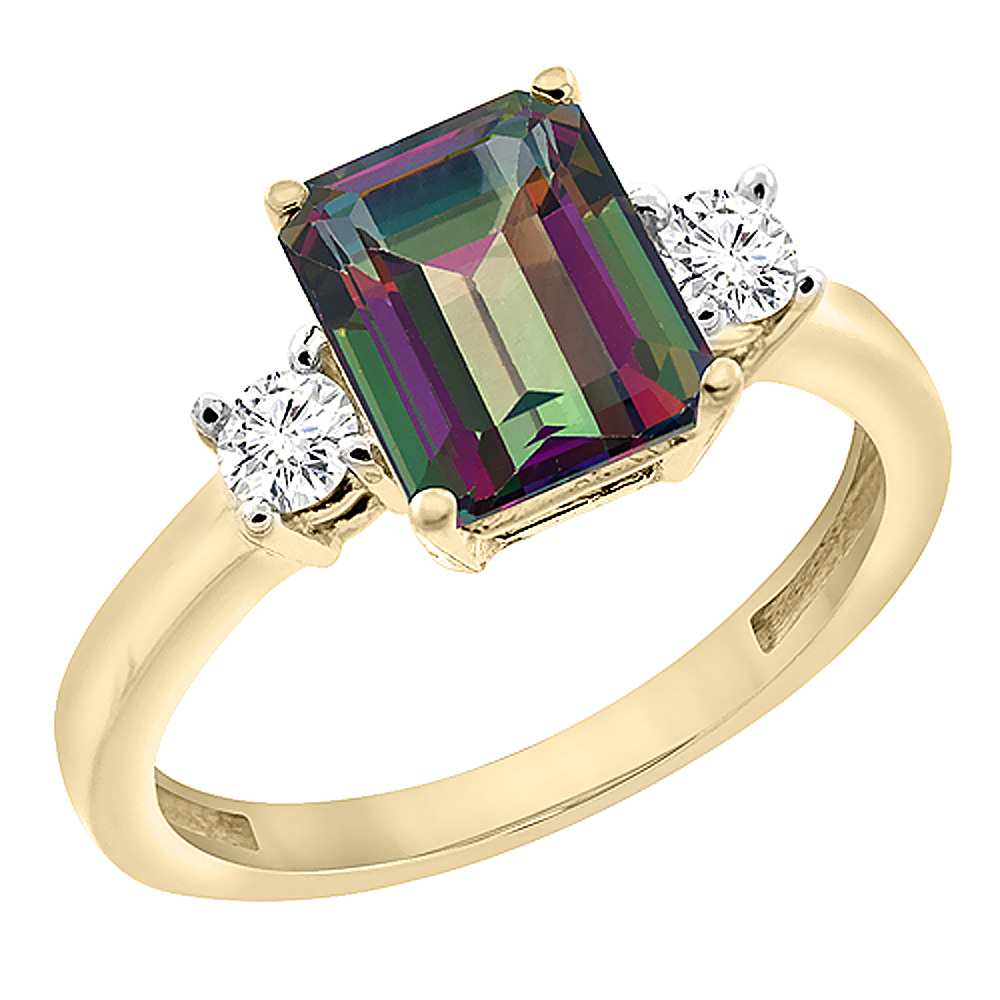 10K Yellow Gold Natural Mystic Topaz Ring Octagon 8x6 mm with Diamond Accents, sizes 5 - 10