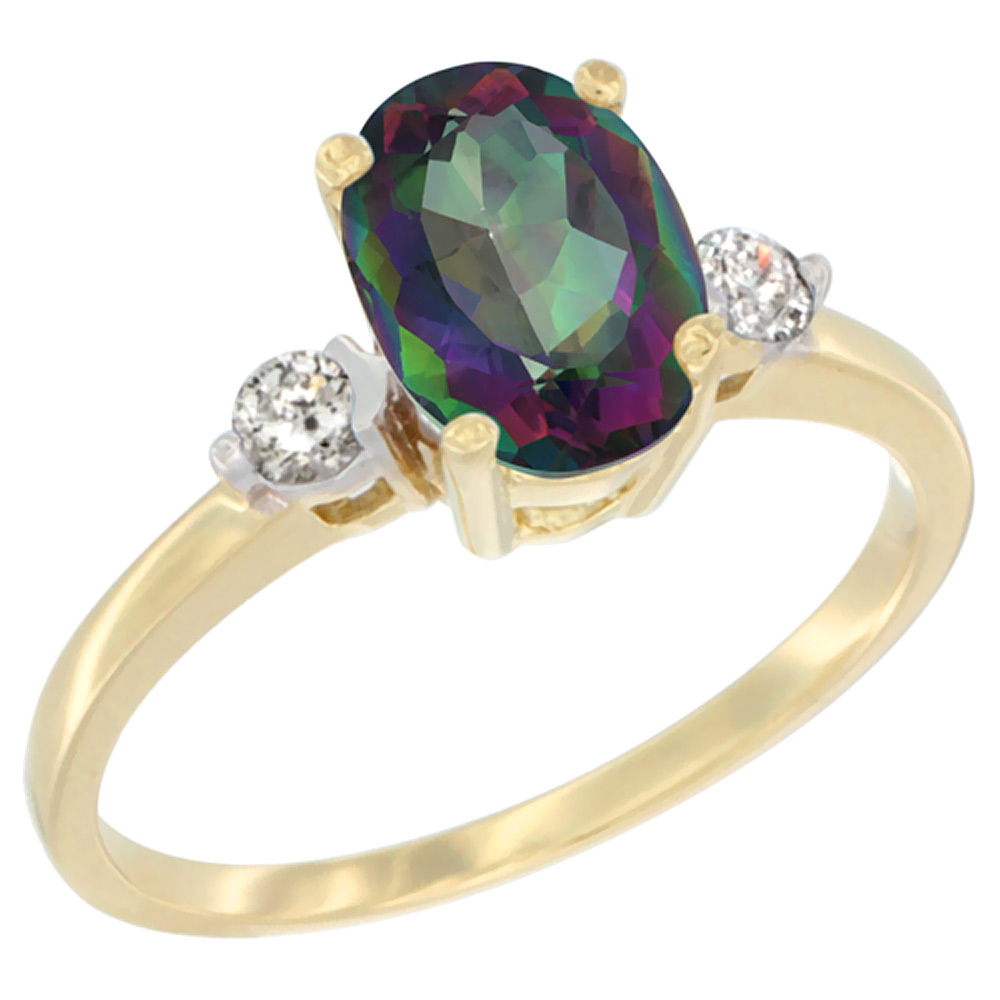 14K Yellow Gold Natural Mystic Topaz Ring Oval 9x7 mm Diamond Accent, sizes 5 to 10