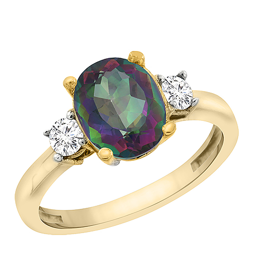 14K Yellow Gold Natural Mystic Topaz Engagement Ring Oval 10x8 mm Diamond Sides, sizes 5 - 10