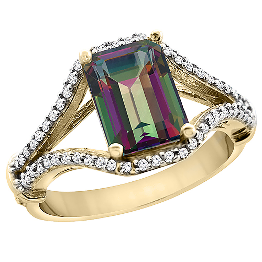 14K Yellow Gold Natural Mystic Topaz Ring Octagon 8x6 mm with Diamond Accents, sizes 5 - 10