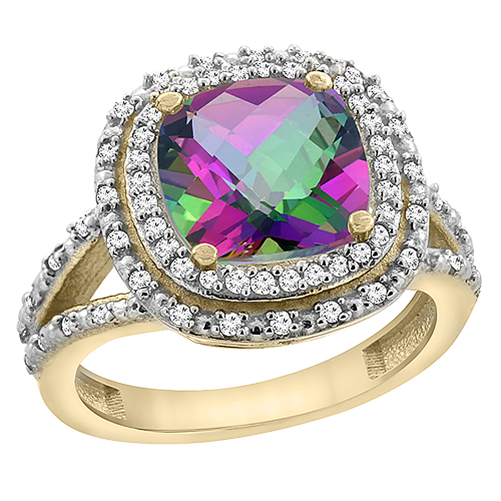 14K Yellow Gold Natural Mystic Topaz Ring Cushion 8x8 mm with Diamond Accents, sizes 5 - 10