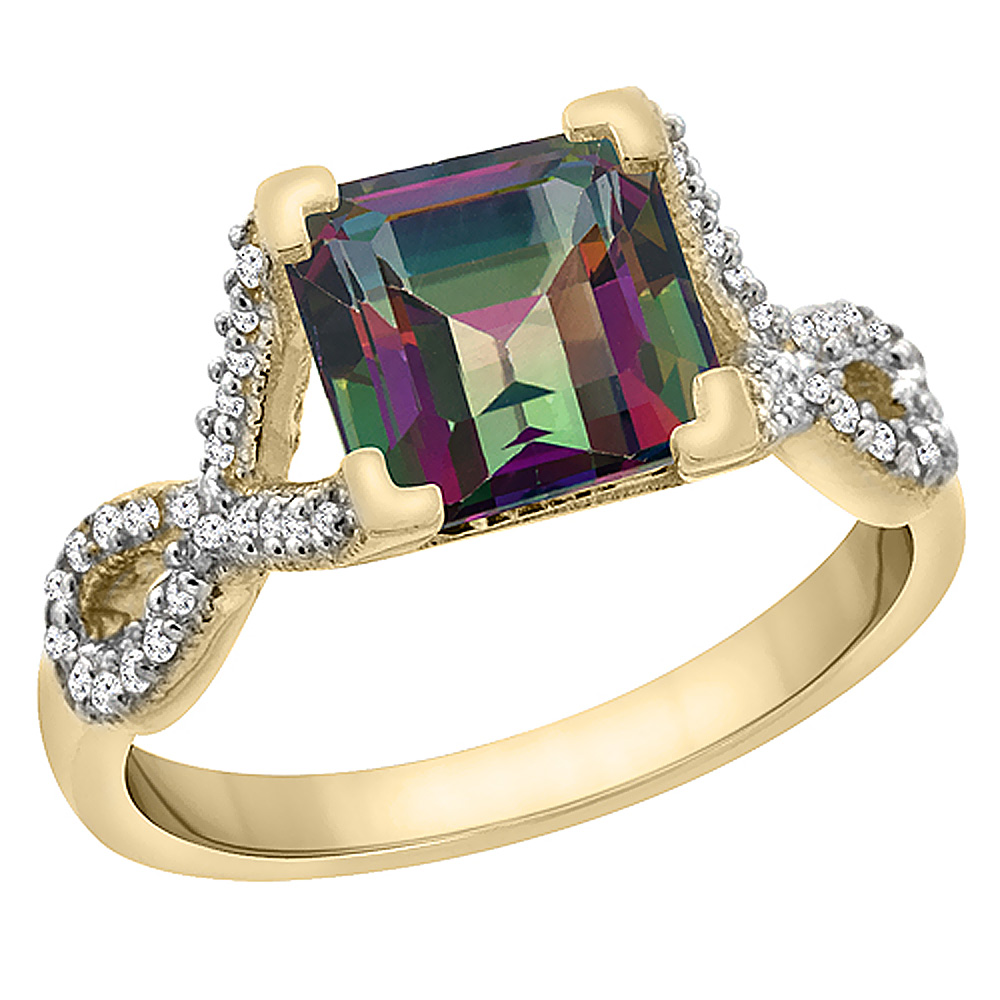 10K Yellow Gold Natural Mystic Topaz Ring Square 7x7 mm Diamond Accents, sizes 5 to 10