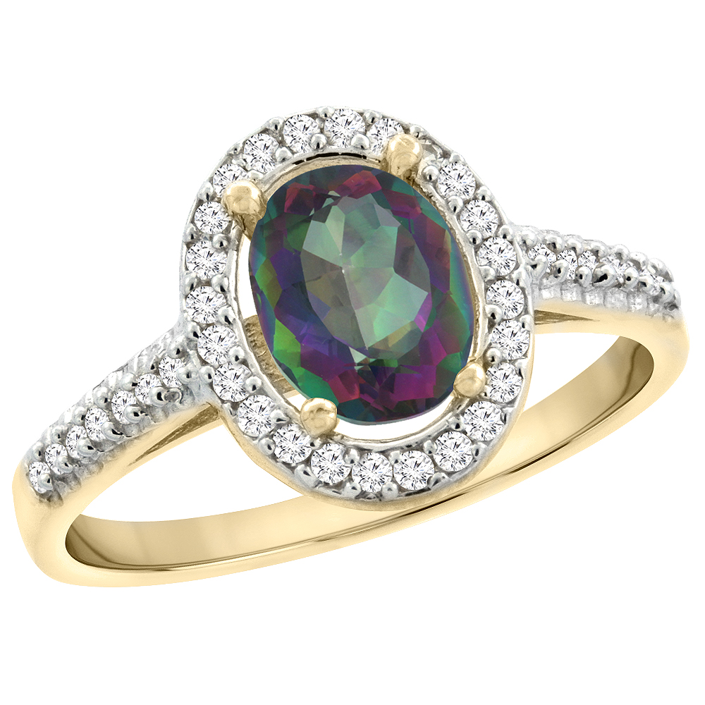10K Yellow Gold Natural Mystic Topaz Engagement Ring Oval 7x5 mm Diamond Halo, sizes 5 - 10