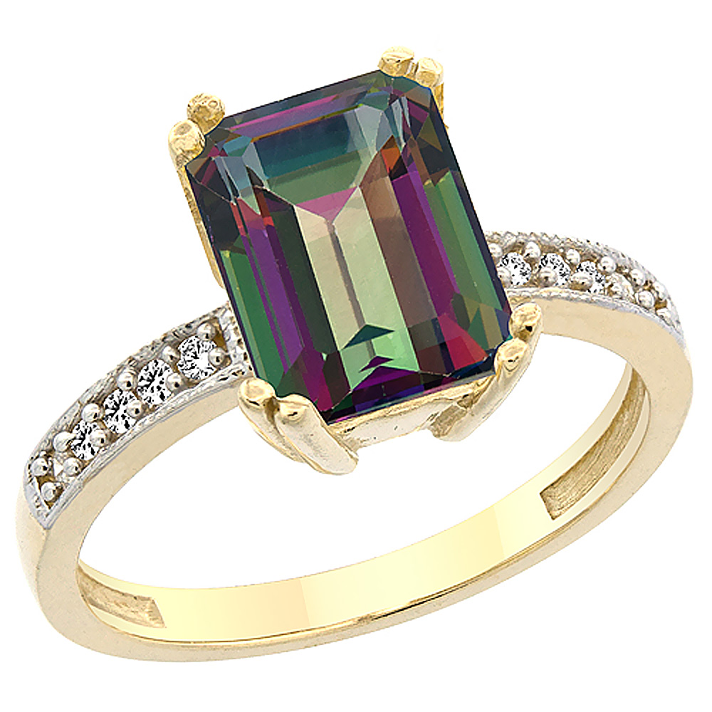 14K Yellow Gold Natural Mystic Topaz Ring Octagon 10x8mm Diamond Accent, sizes 5 to 10