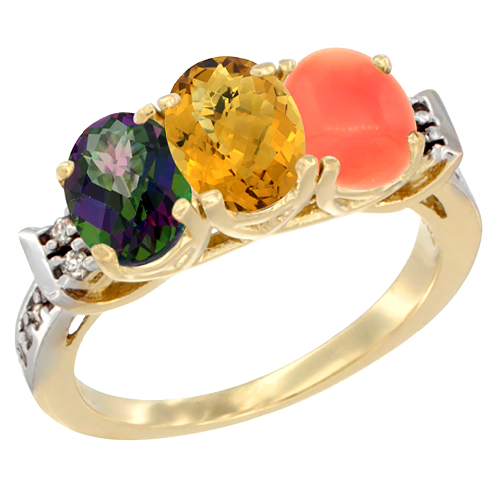 14K Yellow Gold Natural Mystic Topaz, Whisky Quartz & Coral Ring 3-Stone 7x5 mm Oval Diamond Accent, sizes 5 - 10