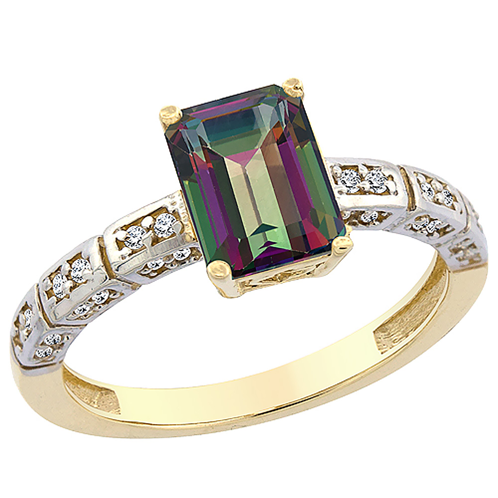 14K Yellow Gold Natural Mystic Topaz Octagon 8x6 mm with Diamond Accents, sizes 5 - 10