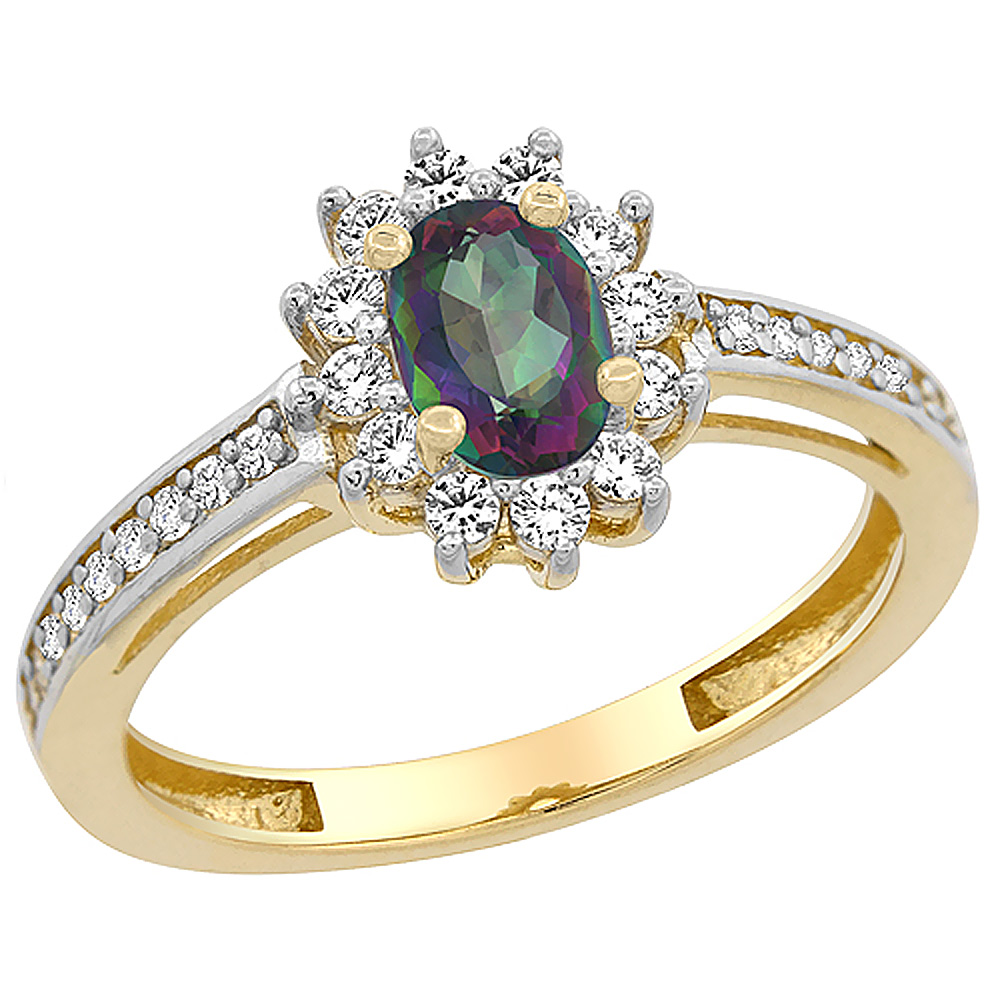 10K Yellow Gold Natural Mystic Topaz Flower Halo Ring Oval 6x4 mm Diamond Accents, sizes 5 - 10
