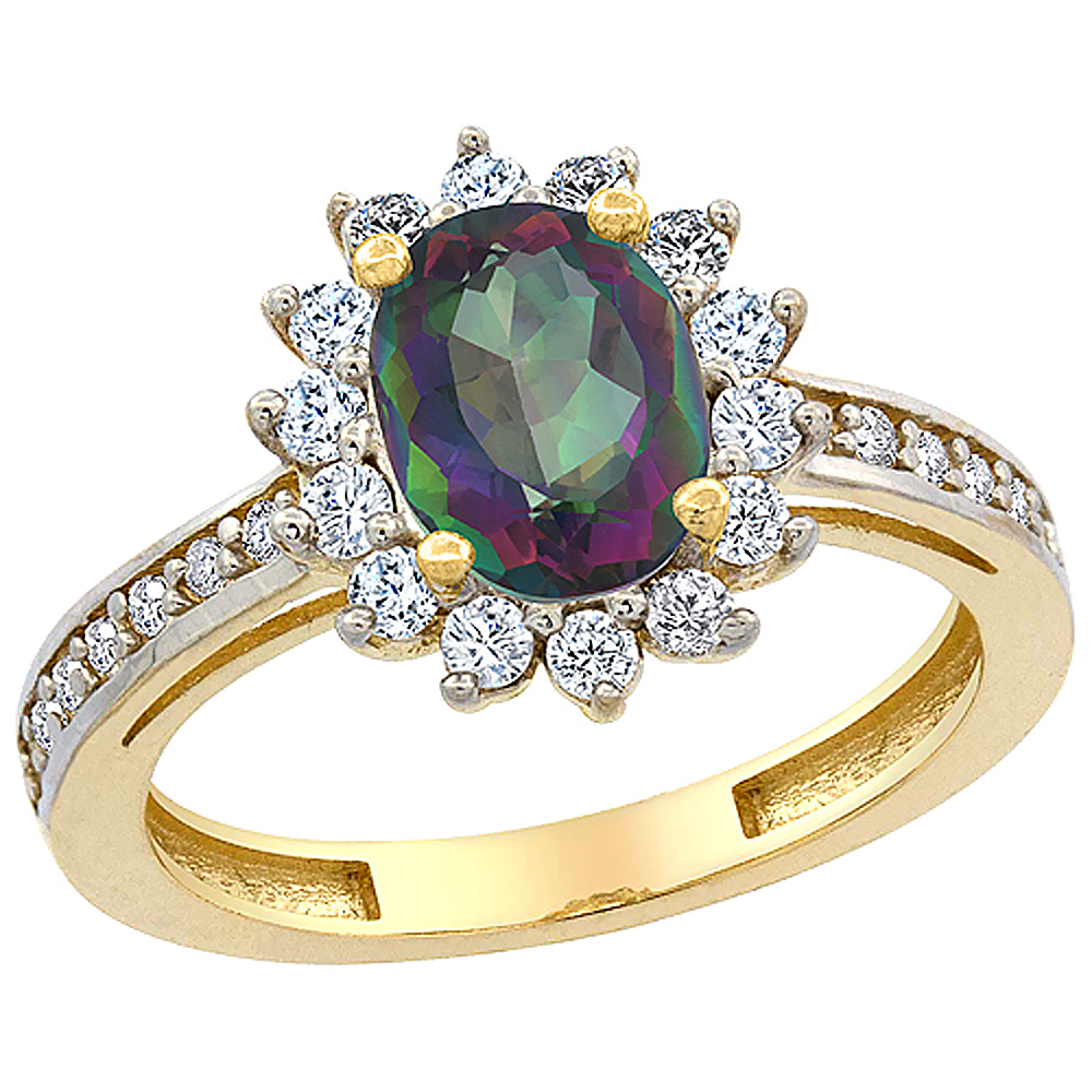 10K Yellow Gold Natural Mystic Topaz Floral Halo Ring Oval 8x6mm Diamond Accents, sizes 5 - 10