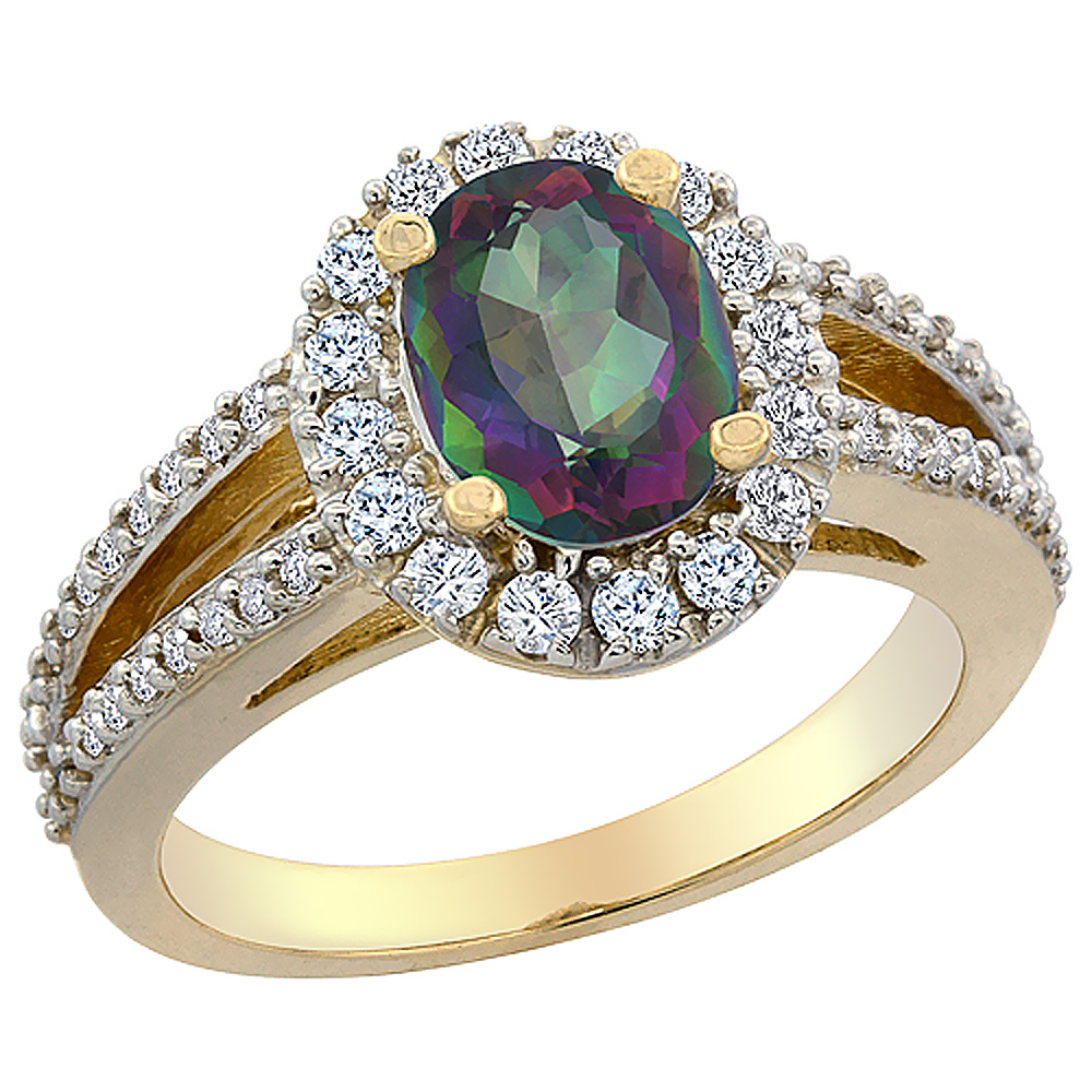 14K Yellow Gold Natural Mystic Topaz Halo Ring Oval 8x6 mm with Diamond Accents, sizes 5 - 10