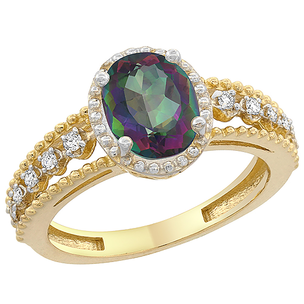 10K Yellow Gold Natural Mystic Topaz Ring Oval 9x7 mm Floating Diamond Accents, sizes 5 - 10
