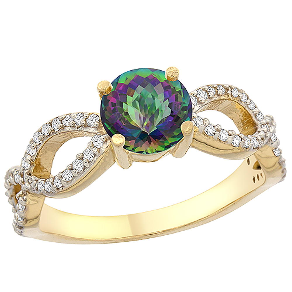 14K Yellow Gold Natural Mystic Topaz Ring Round 6mm Infinity Diamond Accents, sizes 5 - 10
