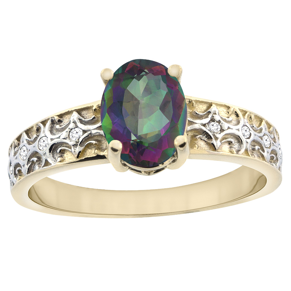 14K Yellow Gold Natural Mystic Topaz Ring Oval 8x6 mm Diamond Accents, sizes 5 - 10