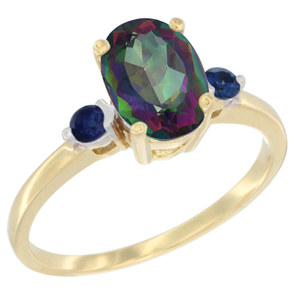 14K Yellow Gold Natural Mystic Topaz Ring Oval 9x7 mm Blue Sapphire Accent, sizes 5 to 10