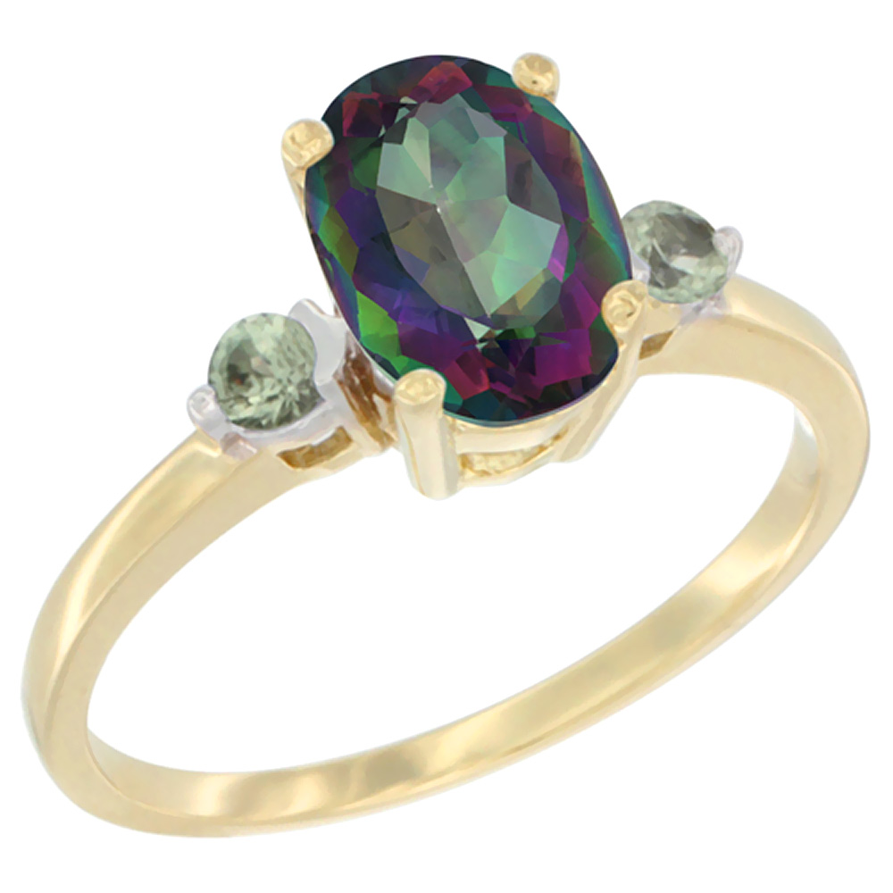 10K Yellow Gold Natural Mystic Topaz Ring Oval 9x7 mm Green Sapphire Accent, sizes 5 to 10