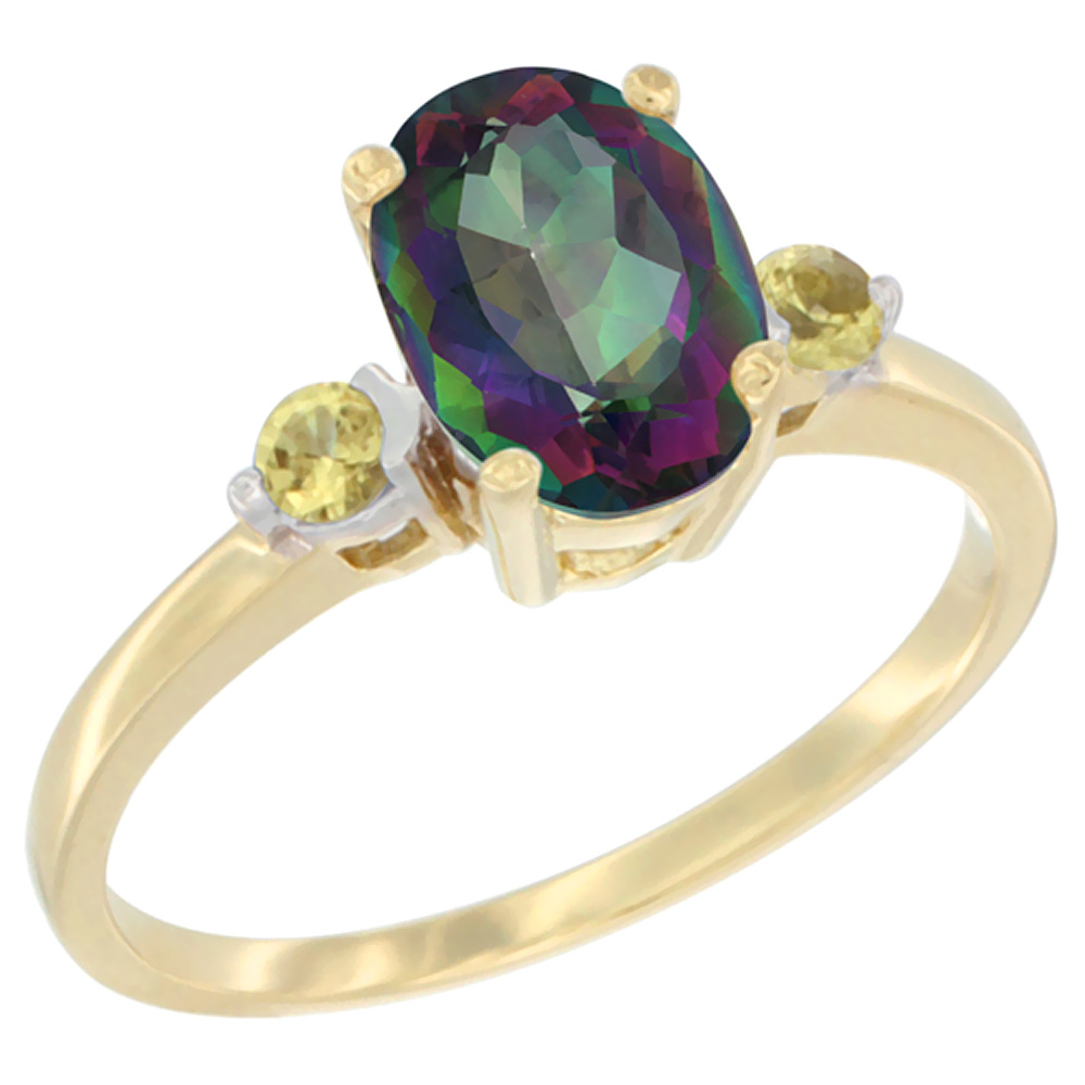 10K Yellow Gold Natural Mystic Topaz Ring Oval 9x7 mm Yellow Sapphire Accent, sizes 5 to 10
