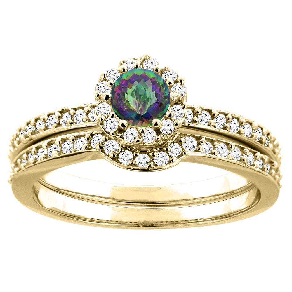 10K Yellow Gold Natural Mystic Topaz 2-pc Bridal Ring Set Diamond Accent Round 4mm, sizes 5 - 10