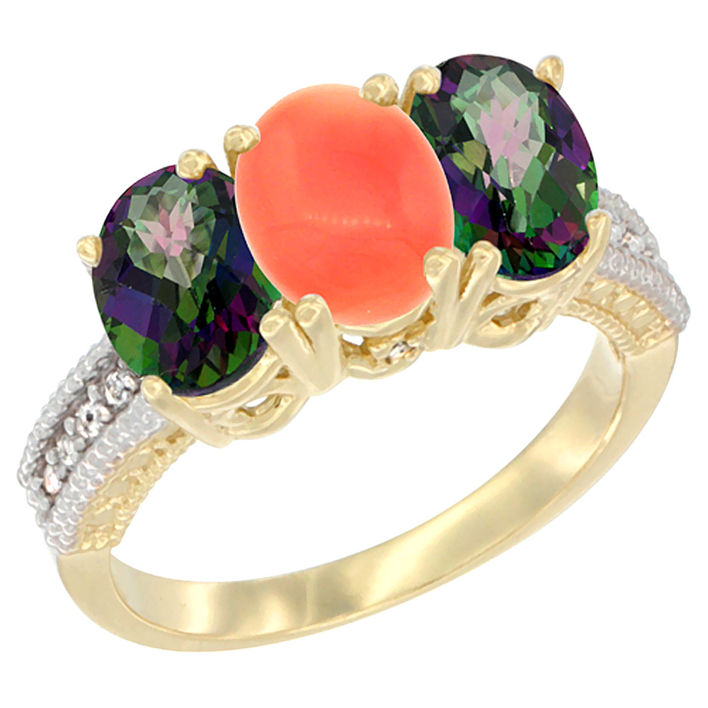 14K Yellow Gold Natural Coral &amp; Mystic Topaz Sides Ring 3-Stone 7x5 mm Oval Diamond Accent, sizes 5 - 10