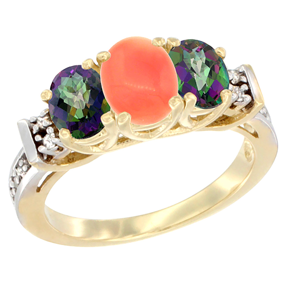 10K Yellow Gold Natural Coral & Mystic Topaz Ring 3-Stone Oval Diamond Accent