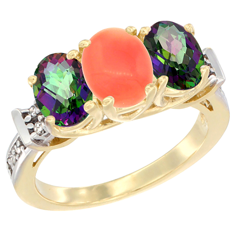 10K Yellow Gold Natural Coral & Mystic Topaz Sides Ring 3-Stone Oval Diamond Accent, sizes 5 - 10
